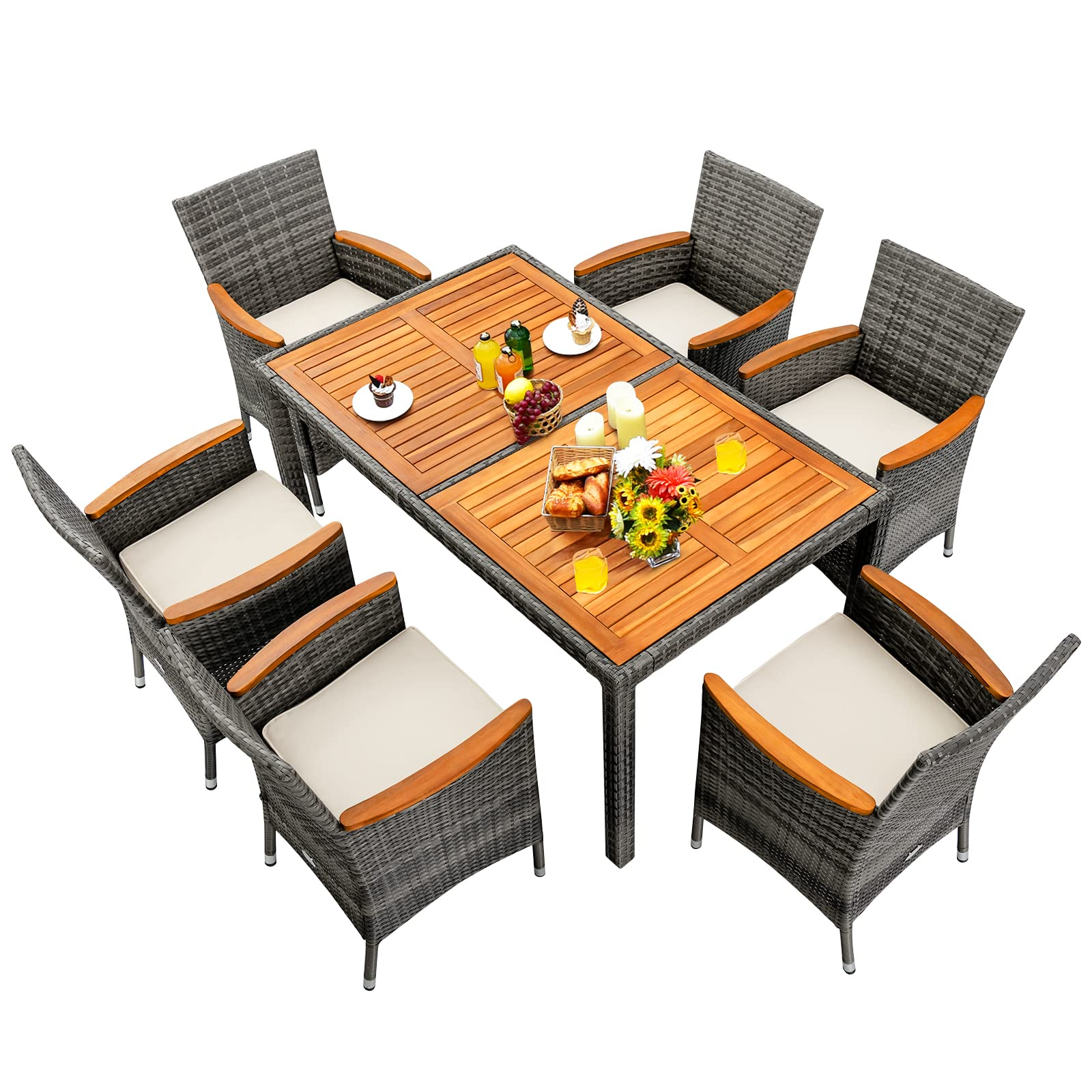 Ensemble de mobilier de salle à manger d'extérieur Tangkula 7 pièces, salon de jardin en rotin avec grande table en bois d'acacia, 6 chaises avec accoudoirs élargis